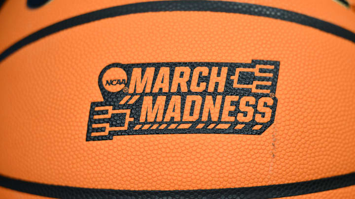 Mar 20, 2025; Seattle, WA, USA; The March Madness logo on a ball during the Memphis Tigers practice at Climate Pledge Arena. Mandatory Credit: Steven Bisig-Imagn Images