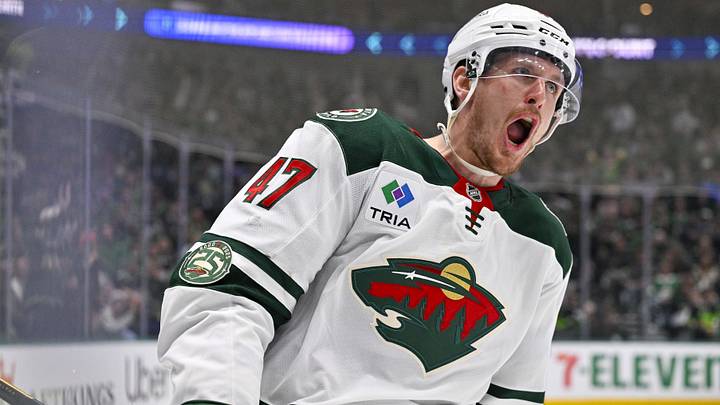 Apr 28, 2026; Dallas, Texas, USA; Minnesota Wild center Michael McCarron (47) celebrates after he scores a goal against the Dallas Stars during the third period in game five of the first round of the 2026 Stanley Cup Playoffs at American Airlines Center.