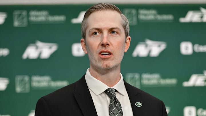Jan 27, 2025; Florham Park, NJ, USA; New York Jets general manager Darren Mougey speaks during an introductory press conference at Atlantic Health Jets Training Center. Mandatory Credit: John Jones-Imagn Images Jan 27, 2025; Florham Park, NJ, USA; New York Jets general manager Darren Mougey speaks during an introductory press conference at Atlantic Health Jets Training Center. Mandatory Credit: John Jones-Imagn Images