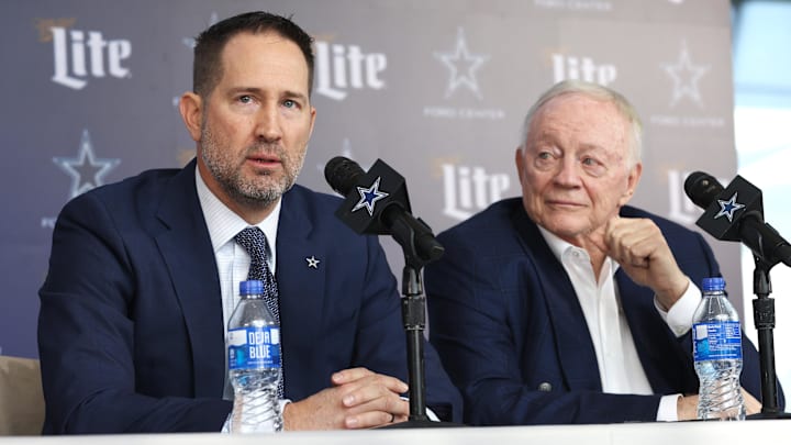 Dallas Cowboys Head Coach Brian Schottenheimer and owner Jerry Jones speak to the media at a press conference at the Star. Dallas Cowboys Head Coach Brian Schottenheimer and owner Jerry Jones speak to the media at a press conference at the Star.