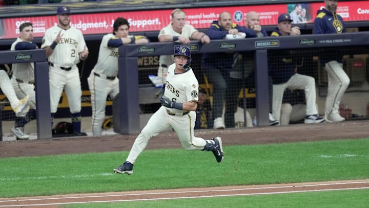 Milwaukee Brewers outfielder Isaac Collins (6) hits a double off of Arizona Diamondbacks pitcher Eduardo Rodriguez during the third inning of their game Monday, August 25, 2025 at American Family Field in Milwaukee, Wisconsin. Milwaukee Brewers outfielder Isaac Collins (6) hits a double off of Arizona Diamondbacks pitcher Eduardo Rodriguez during the third inning of their game Monday, August 25, 2025 at American Family Field in Milwaukee, Wisconsin.