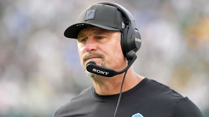 Sep 7, 2025; Green Bay, Wisconsin, USA; Detroit Lions head coach Dan Campbell reacts on the sideline during the fourth quarter at Lambeau Field. Mandatory Credit: Jeff Hanisch-Imagn Images Sep 7, 2025; Green Bay, Wisconsin, USA; Detroit Lions head coach Dan Campbell reacts on the sideline during the fourth quarter at Lambeau Field. Mandatory Credit: Jeff Hanisch-Imagn Images