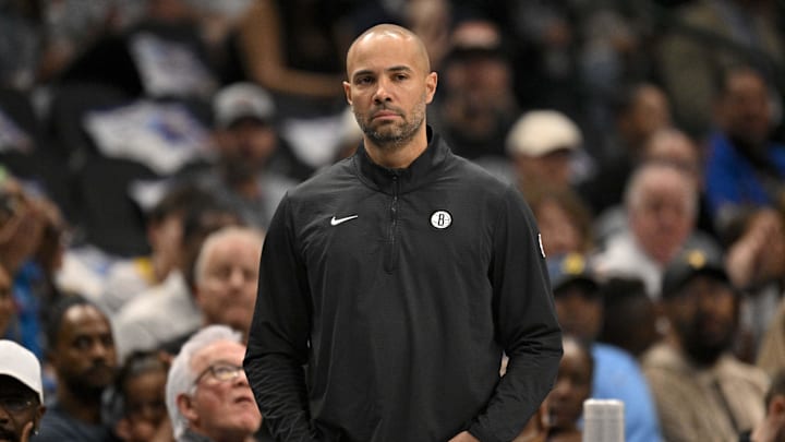 Mar 31, 2025; Dallas, Texas, USA; Brooklyn Nets head coach Jordi Fernandez during the game between the Dallas Mavericks and the Brooklyn Nets at the American Airlines Center. Mandatory Credit: Jerome Miron-Imagn Images