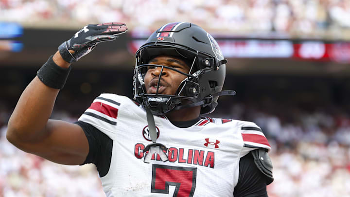 Oct 19, 2024; Norman, Oklahoma, USA;  South Carolina Gamecocks defensive back Nick Emmanwori (7) reacts after returning an interception for a touchdown during the first half against the Oklahoma Sooners at Gaylord Family-Oklahoma Memorial Stadium. Mandatory Credit: Kevin Jairaj-Imagn Images