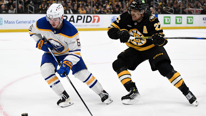 Apr 23, 2026; Boston, Massachusetts, USA; Buffalo Sabres left wing Zach Benson (6) skates against Boston Bruins defenseman Hampus Lindholm (27) during the second period of game three of the first round of the 2026 Stanley Cup Playoffs at the TD Garden. Mandatory Credit: Brian Fluharty-Imagn Images