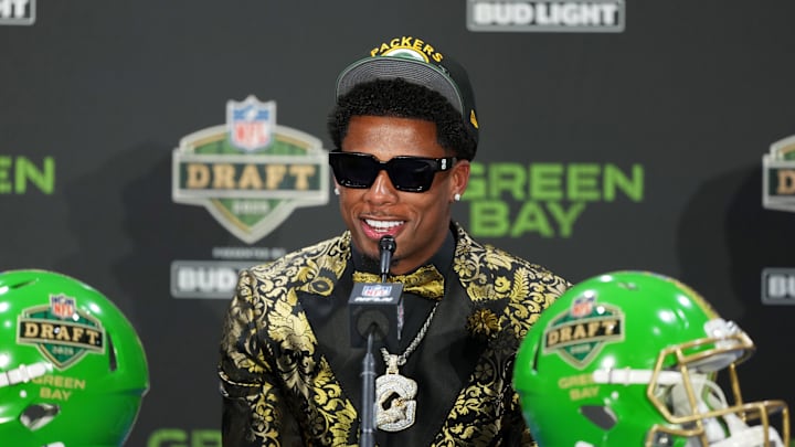 Matthew Golden speaks in a press conference after being selected by the Green Bay Packers in the first round.