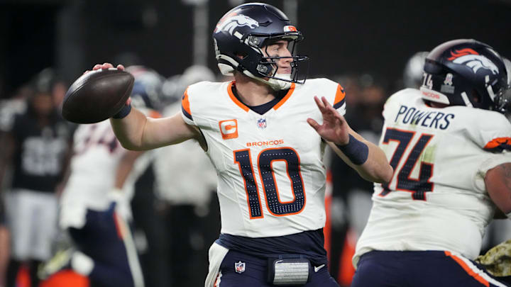 Nov 24, 2024; Paradise, Nevada, USA; Denver Broncos quarterback Bo Nix (10) throws the ball in the fourth quarter against the Las Vegas Raiders at Allegiant Stadium. Mandatory Credit: Kirby Lee-Imagn Images Nov 24, 2024; Paradise, Nevada, USA; Denver Broncos quarterback Bo Nix (10) throws the ball in the fourth quarter against the Las Vegas Raiders at Allegiant Stadium. Mandatory Credit: Kirby Lee-Imagn Images