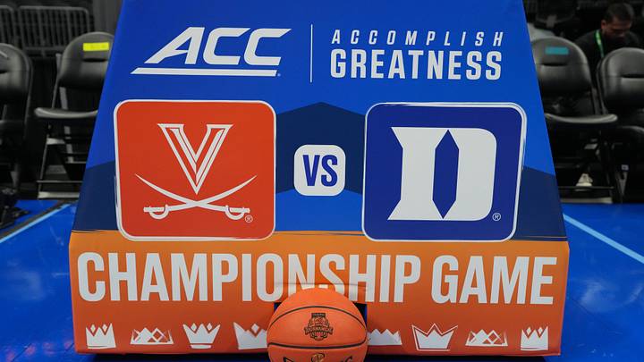 Mar 14, 2026; Charlotte, NC, USA; The ACC championship game logo is seen prior to the men's ACC Conference Tournament Championship between the Virginia Cavaliers and the Duke Blue Devils at Spectrum Center. Mandatory Credit: Bob Donnan-Imagn Images Mar 14, 2026; Charlotte, NC, USA; The ACC championship game logo is seen prior to the men's ACC Conference Tournament Championship between the Virginia Cavaliers and the Duke Blue Devils at Spectrum Center. Mandatory Credit: Bob Donnan-Imagn Images