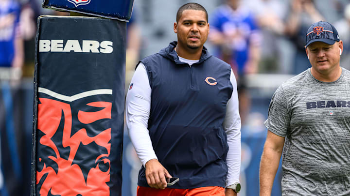 Aug 26, 2023; Chicago, Illinois, USA; Chicago Bears general manager Ryan Poles looks on before a