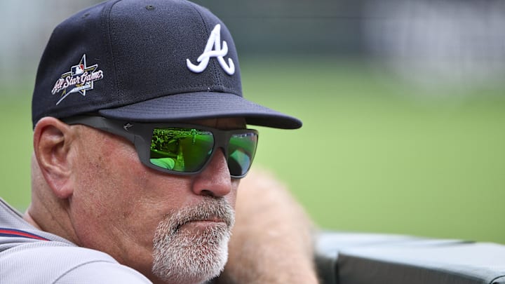 Jul 13, 2025; St. Louis, Missouri, USA;  Atlanta Braves manager Brian Snitker (43) looks on during the second inning against the St. Louis Cardinals at Busch Stadium. Mandatory Credit: Jeff Curry-Imagn Images