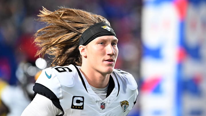 Sep 23, 2024; Orchard Park, New York, USA; Jacksonville Jaguars quarterback Trevor Lawrence (16) enters the field before a game against the Buffalo Bills at Highmark Stadium. 