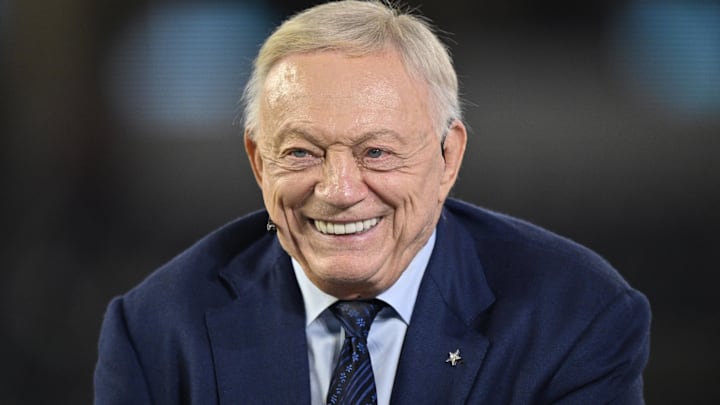Dallas Cowboys owner Jerry Jones talks before the game against the Arizona Cardinals at AT&T Stadium. 