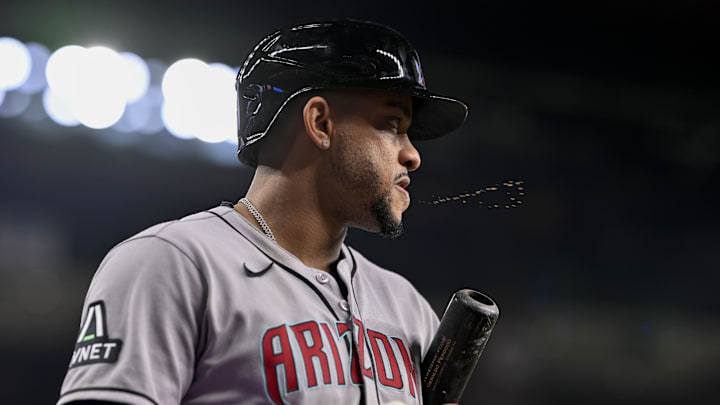 Aug 11, 2025; Arlington, Texas, USA; Arizona Diamondbacks second baseman Ketel Marte (4) during the game between the Texas Rangers and the Arizona Diamondbacks at Globe Life Field. Mandatory Credit: Jerome Miron-Imagn Images