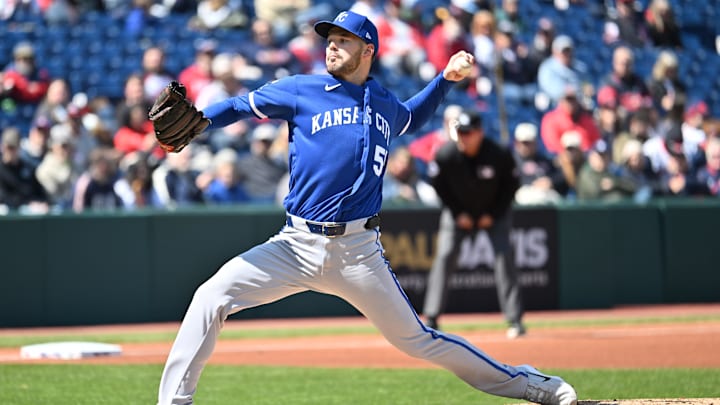 Apr 8, 2026; Cleveland, Ohio, USA; Kansas City Royals starting pitcher Cole Ragans (55) throws a pitch during the first inning against the Cleveland Guardians at Progressive Field. Mandatory Credit: Ken Blaze-Imagn Images Apr 8, 2026; Cleveland, Ohio, USA; Kansas City Royals starting pitcher Cole Ragans (55) throws a pitch during the first inning against the Cleveland Guardians at Progressive Field. Mandatory Credit: Ken Blaze-Imagn Images