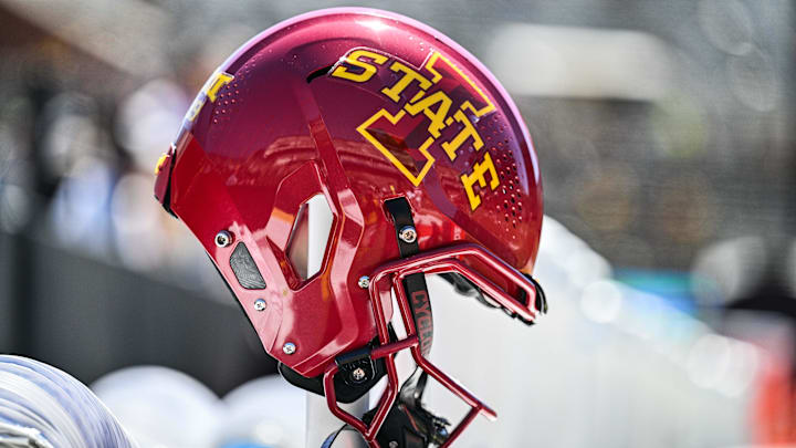 Sep 7, 2024; Iowa City, Iowa, USA; An Iowa State Cyclones helmet sits on the sidelines before the game against the Iowa Hawkeyes at Kinnick Stadium. 