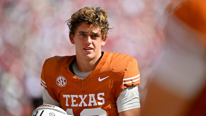 Texas Longhorns quarterback Arch Manning before the game between the Texas Longhorns and the Oklahoma Sooners at the Cotton Bowl.