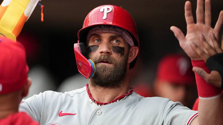 Aug 15, 2026; Minneapolis, Minnesota, USA; Philadelphia Phillies right fielder Bryce Harper (3) celebrates after scoring during the fifth inning against the Minnesota Twins at Target Field. Mandatory Credit: Jordan Johnson-Imagn Images Aug 15, 2026; Minneapolis, Minnesota, USA; Philadelphia Phillies right fielder Bryce Harper (3) celebrates after scoring during the fifth inning against the Minnesota Twins at Target Field. Mandatory Credit: Jordan Johnson-Imagn Images