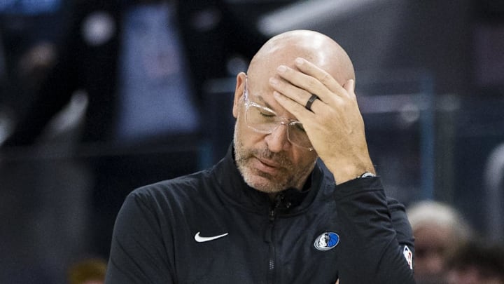 Feb 23, 2025; San Francisco, California, USA; Dallas Mavericks head coach Jason Kidd reacts during the second quarter of the game against the Golden State Warriors at Chase Center. Mandatory Credit: John Hefti-Imagn Images