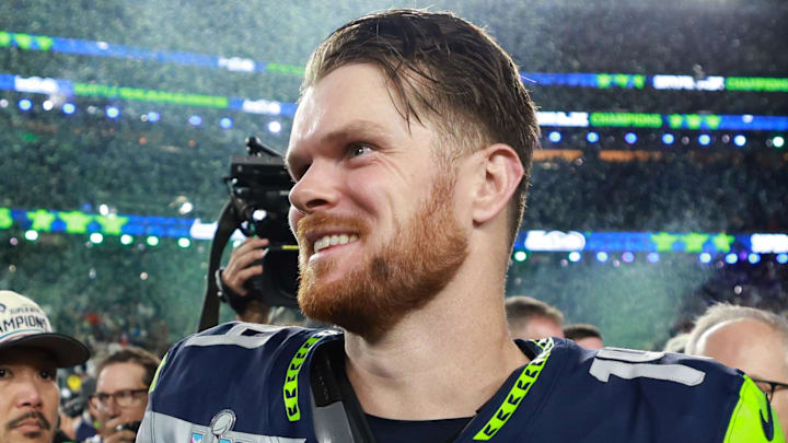 Feb 8, 2026; Santa Clara, CA, USA; Seattle Seahawks quarterback Sam Darnold (14) celebrates after defeating the New England Patriots in Super Bowl LX at Levi's Stadium.