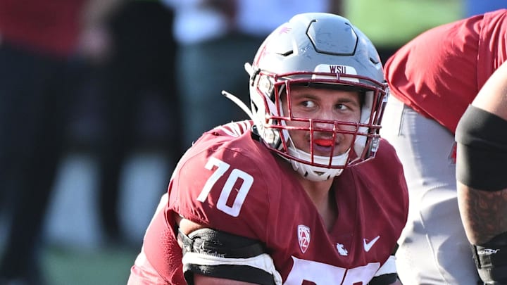 Sep 16, 2023; Pullman, Washington, USA; Washington State Cougars offensive lineman Devin Kylany (70) lines up for a play against the Northern Colorado Bears in the second half at Gesa Field at Martin Stadium. Mandatory Credit: James Snook-Imagn Images