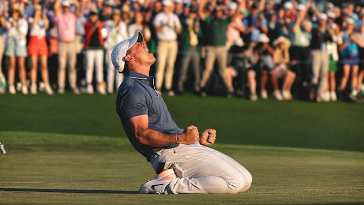 McIlroy collapsed to the ground after making his birdie putt on the first playoff hole to beat Justin Rose and win the 2025 Masters.