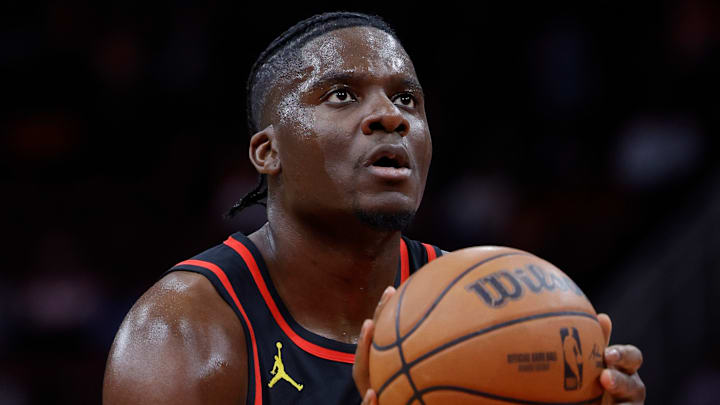 Clint Capela #15 of the Atlanta Hawks prepares to shoot the ball against the Houston Rockets.