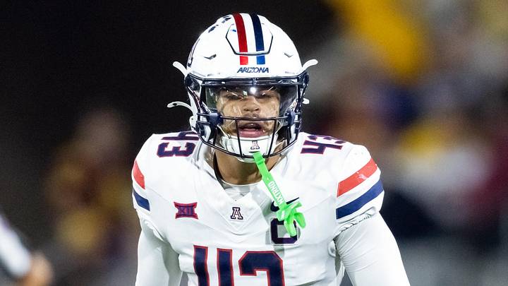 Nov 28, 2025; Tempe, Arizona, USA; Arizona Wildcats defensive back Dalton Johnson (43) against the Arizona State Sun Devils during the 99th Territorial Cup at Mountain America Stadium. Mandatory Credit: Mark J. Rebilas-Imagn Images