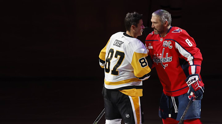 Nov 8, 2024; Washington, District of Columbia, USA; Pittsburgh Penguins center Sidney Crosby (87) and Washington Capitals left wing Alex Ovechkin (8) shake hands after a puck drop ceremony prior to their game at Capital One Arena. Mandatory Credit: Geoff Burke-Imagn Images Nov 8, 2024; Washington, District of Columbia, USA; Pittsburgh Penguins center Sidney Crosby (87) and Washington Capitals left wing Alex Ovechkin (8) shake hands after a puck drop ceremony prior to their game at Capital One Arena. Mandatory Credit: Geoff Burke-Imagn Images