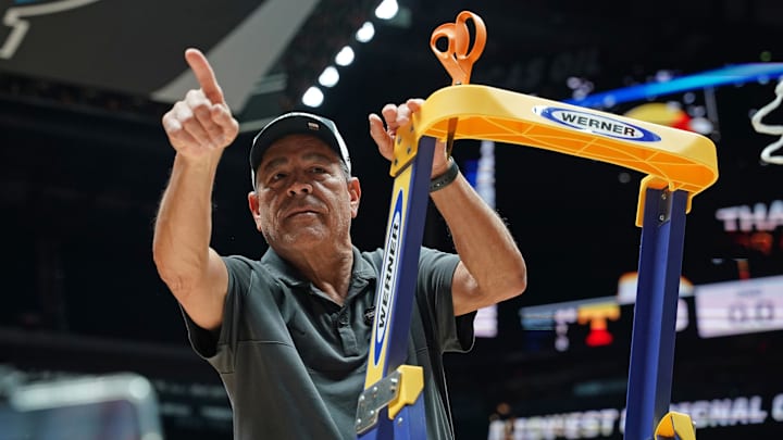 Houston coach Kelvin Sampson points to the fans after the Cougars clinched a trip to the Final Four with a 69-50 win against Tennessee for the Midwest Regional title on March 30, 2025. Houston coach Kelvin Sampson points to the fans after the Cougars clinched a trip to the Final Four with a 69-50 win against Tennessee for the Midwest Regional title on March 30, 2025.