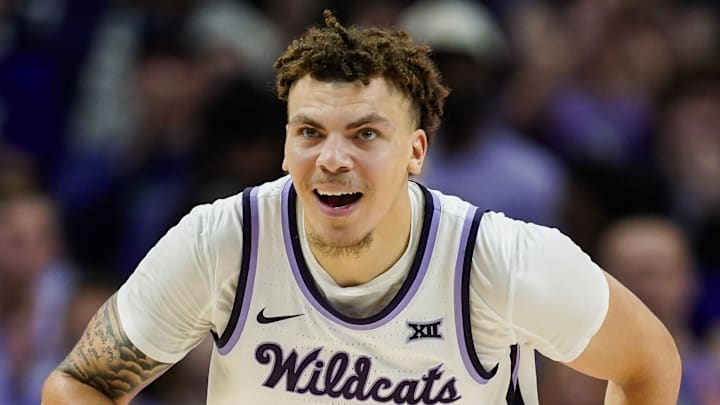 Dec 17, 2024; Kansas City, Missouri, USA; Kansas State Wildcats guard Coleman Hawkins (33) reacts after scoring during the second half against the Drake Bulldogs at T-Mobile Center. Mandatory Credit: Jay Biggerstaff-Imagn Images Dec 17, 2024; Kansas City, Missouri, USA; Kansas State Wildcats guard Coleman Hawkins (33) reacts after scoring during the second half against the Drake Bulldogs at T-Mobile Center. Mandatory Credit: Jay Biggerstaff-Imagn Images