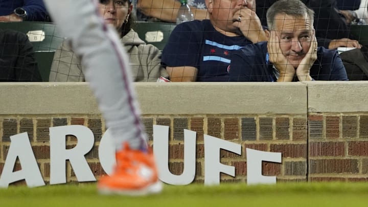 Sep 25, 2025; Chicago, Illinois, USA; Chicago Cubs chairman Tom Ricketts watches as the Cubs are losing to the New York Mets during the ninth inning at Wrigley Field. Mandatory Credit: David Banks-Imagn Images
