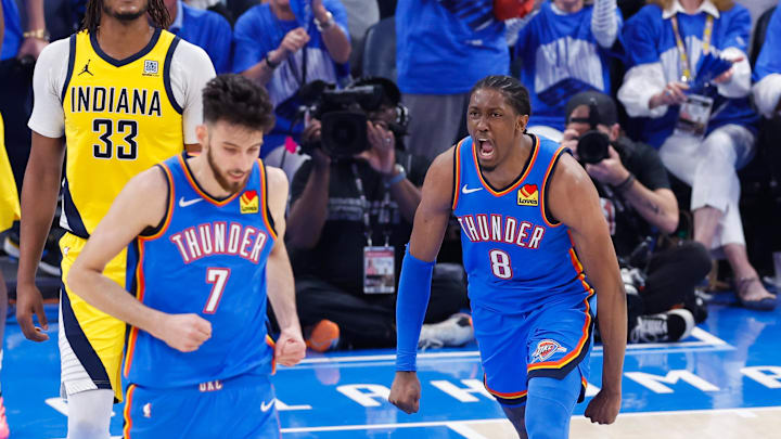 Jun 22, 2025; Oklahoma City, Oklahoma, USA; Oklahoma City Thunder forward Jalen Williams (8) reacts after scoring against the Indiana Pacers during the second half of game seven of the 2025 NBA Finals at Paycom Center. Mandatory Credit: Alonzo Adams-Imagn Images Jun 22, 2025; Oklahoma City, Oklahoma, USA; Oklahoma City Thunder forward Jalen Williams (8) reacts after scoring against the Indiana Pacers during the second half of game seven of the 2025 NBA Finals at Paycom Center. Mandatory Credit: Alonzo Adams-Imagn Images