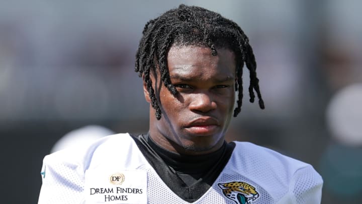 Jul 25, 2025; Jacksonville, FL, USA; Jacksonville Jaguars wide receiver Travis Hunter (12) participates in training camp at Miller Electric Center. Mandatory Credit: Nathan Ray Seebeck-Imagn Images