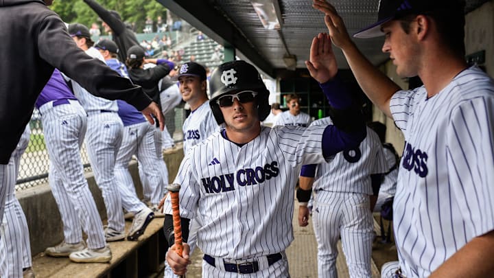 Holy Cross outfielder CJ Egrie, center, celebrates with the dugout after scoring on a double by Chris Baillargeon in the bottom of the seventh inning versus Army on Sunday May 18, 2025 at Fitton Field in Worcester.
