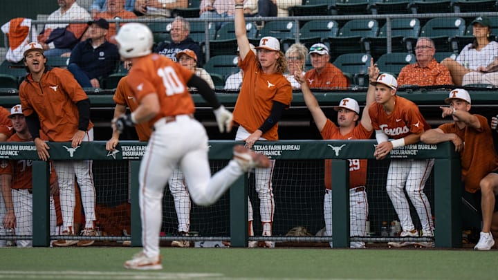 Longhorns cheer as Texas catcher Kimble Schuessler (10) hits a home run during the Longhorns' game against Houston Christian, April 8, 2025, at UFCU Disch-Falk Field in Austin.