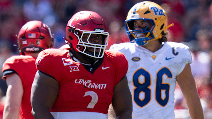 Cincinnati Bearcats defensive tackle Dontay Corleone (2) reacts after making a stop in the second quarter of the College Football game between the Cincinnati Bearcats and the Pittsburgh Panthers at Nippert Stadium in Cincinnati on Saturday, Sept. 7, 2024. Cincinnati Bearcats defensive tackle Dontay Corleone (2) reacts after making a stop in the second quarter of the College Football game between the Cincinnati Bearcats and the Pittsburgh Panthers at Nippert Stadium in Cincinnati on Saturday, Sept. 7, 2024.