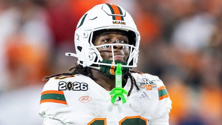 Jan 19, 2026; Miami Gardens, FL, USA; Miami Hurricanes wide receiver Malachi Toney (10) against the Indiana Hoosiers during the College Football Playoff National Championship game at Hard Rock Stadium. Mandatory Credit: Mark J. Rebilas-Imagn Images