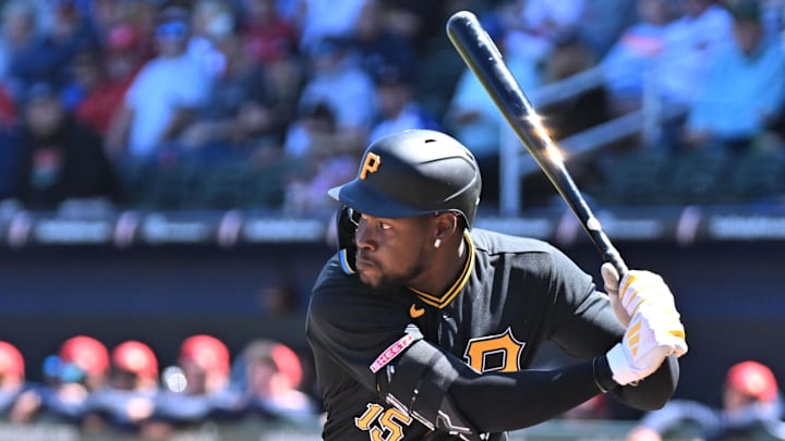 Feb 25, 2026; North Port, Florida, USA; Pittsburgh Pirates center fielder Oneil Cruz (15) bats in the first inning against the Atlanta Braves during spring training at CoolToday Park. Mandatory Credit: Jonathan Dyer-Imagn Images
