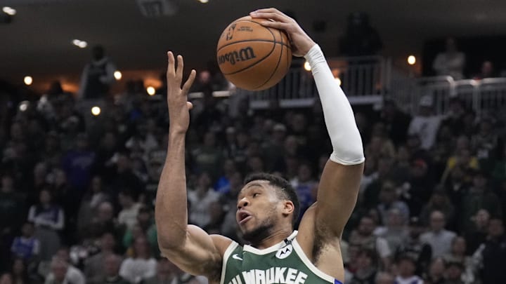 Apr 25, 2025; Milwaukee, Wisconsin, USA;Milwaukee Bucks forward Giannis Antetokounmpo (34) grabs a rebound in the first half against the Indiana Pacers during game three of first round for the 2024 NBA Playoffs at Fiserv Forum. Mandatory Credit: Michael McLoone-Imagn Images Apr 25, 2025; Milwaukee, Wisconsin, USA;Milwaukee Bucks forward Giannis Antetokounmpo (34) grabs a rebound in the first half against the Indiana Pacers during game three of first round for the 2024 NBA Playoffs at Fiserv Forum. Mandatory Credit: Michael McLoone-Imagn Images