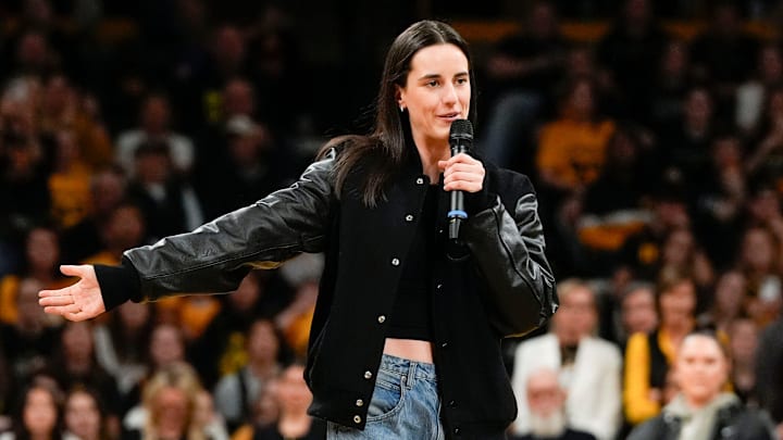 Caitlin Clark addresses the crowd during her jersey retirement ceremony Sunday, Feb. 2, 2025 at Carver-Hawkeye Arena in Iowa City, Iowa.