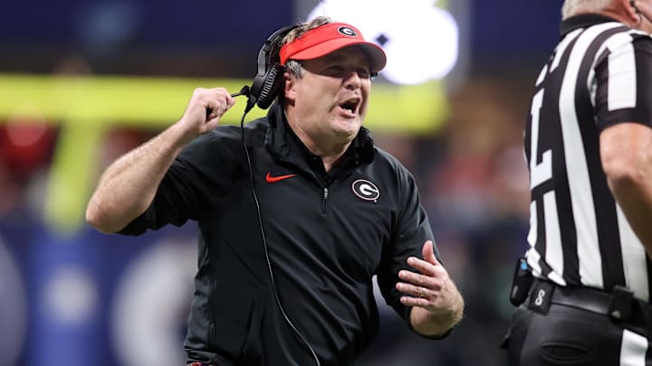 Dec 2, 2023; Atlanta, GA, USA; Georgia Bulldogs head coach Kirby Smart reacts to an official in the second half against the Alabama Crimson Tide at Mercedes-Benz Stadium. Mandatory Credit: Brett Davis-Imagn Images
