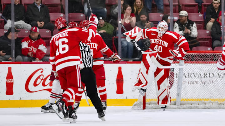 Mikhail Yegorov celebrates after a win at Bright-Landry Hockey Center on Jan. 12, 2026.