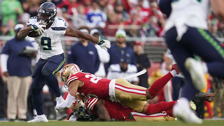 Dec 10, 2023; Santa Clara, California, USA; Seattle Seahawks running back Kenneth Walker III (9) runs with the ball after making a catch against the San Francisco 49ers in the fourth quarter at Levi's Stadium. Dec 10, 2023; Santa Clara, California, USA; Seattle Seahawks running back Kenneth Walker III (9) runs with the ball after making a catch against the San Francisco 49ers in the fourth quarter at Levi's Stadium.