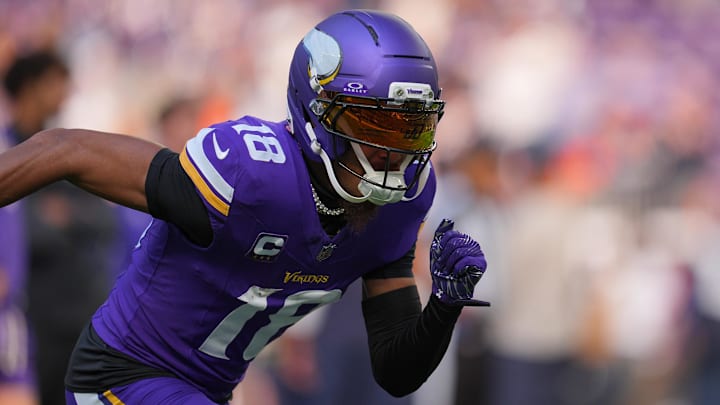 Nov 16, 2025; Minneapolis, Minnesota, USA; Minnesota Vikings wide receiver Justin Jefferson (18) warms up before a game against the Chicago Bears at U.S. Bank Stadium. Mandatory Credit: Brad Rempel-Imagn Images