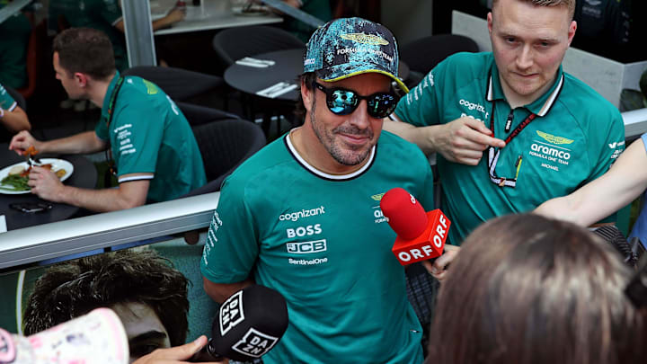 May 2, 2024; Miami Gardens, Florida, USA; Aston Matrin driver Fernando Alonso (14) speaks to the media in advance of the F1 Miami Grand Prix at the Miami International Autodrome. Mandatory Credit: Peter Casey-USA TODAY Sports May 2, 2024; Miami Gardens, Florida, USA; Aston Matrin driver Fernando Alonso (14) speaks to the media in advance of the F1 Miami Grand Prix at the Miami International Autodrome. Mandatory Credit: Peter Casey-USA TODAY Sports