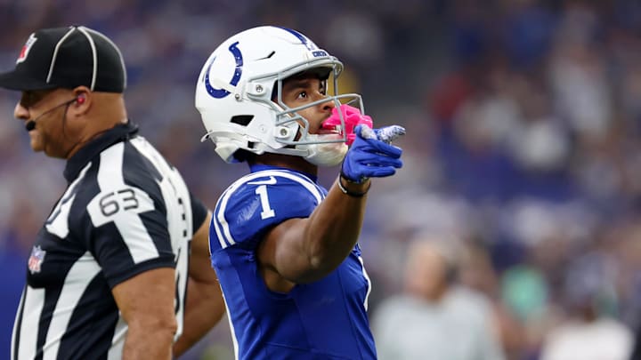 Oct 5, 2025; Indianapolis, Indiana, USA; Indianapolis Colts wide receiver Josh Downs (1) reacts after a play against the Las Vegas Raiders during the first quarter at Lucas Oil Stadium. 