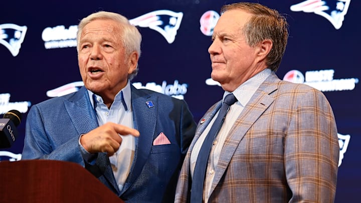 Jan 11, 2024; Foxborough, MA, USA; New England Patriots owner Robert Kraft (left) and Patriots former head coach Bill Belichick (right) and hold a press conference at Gillette Stadium to announce Belichick's exit from the team. Mandatory Credit: Eric Canha-USA TODAY Sports