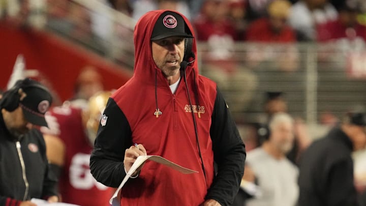 Dec 12, 2024; Santa Clara, California, USA; San Francisco 49ers head coach Kyle Shanahan on the sideline during the fourth quarter against the Los Angeles Rams at Levi's Stadium. Mandatory Credit: Kelley L Cox-Imagn Images