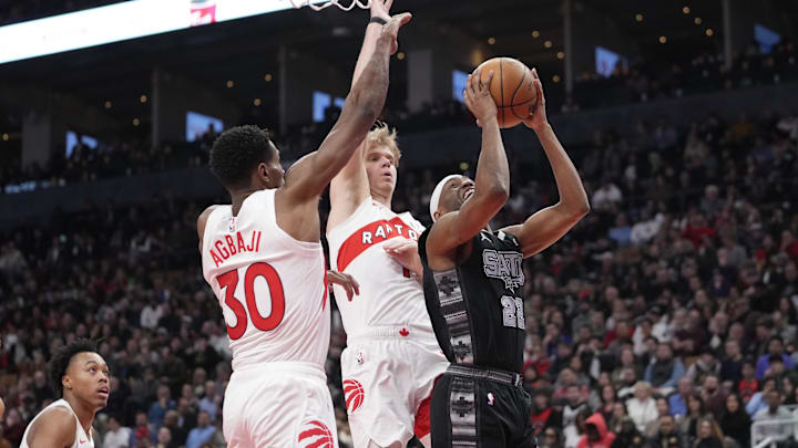 Feb 12, 2024; Toronto, Ontario, CAN; San Antonio Spurs guard Malaki Branham (22) shoots