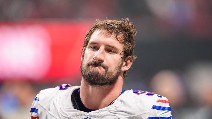 Oct 13, 2025; Atlanta, Georgia, USA; Buffalo Bills defensive end Joey Bosa (97) on the field against the Atlanta Falcons at Mercedes-Benz Stadium. Mandatory Credit: Dale Zanine-Imagn Images